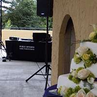 Back patio, wedding sound system with cake, Salt Lake Country Club, Utah